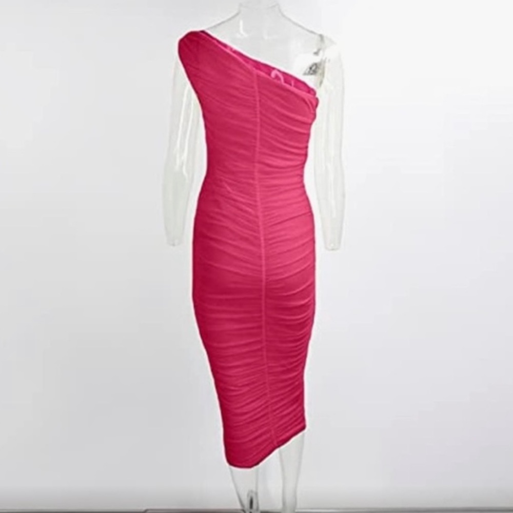 Pofash Bodycon Ruched Tube Midi One Shoulder Lined Fuchsia Pink Dress- Medium - Picture 4 of 8
